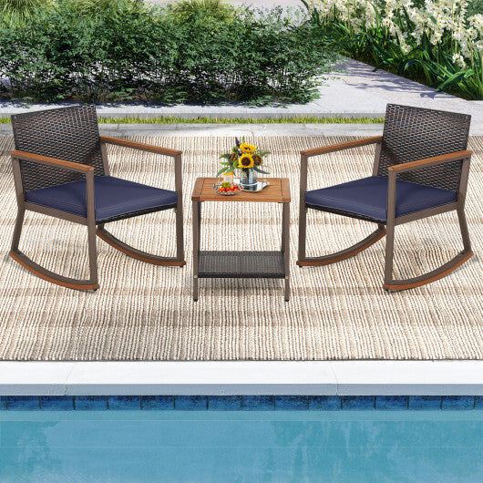 3 Pieces Rattan Rocking Bistro Set with Coffee Table and Cushions-Navy - Color: Navy W2B
