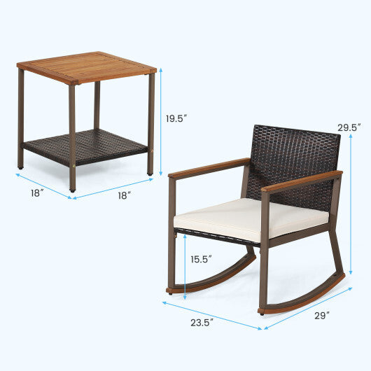 3 Pieces Rattan Rocking Bistro Set with Coffee Table and Cushions-Off White W2B