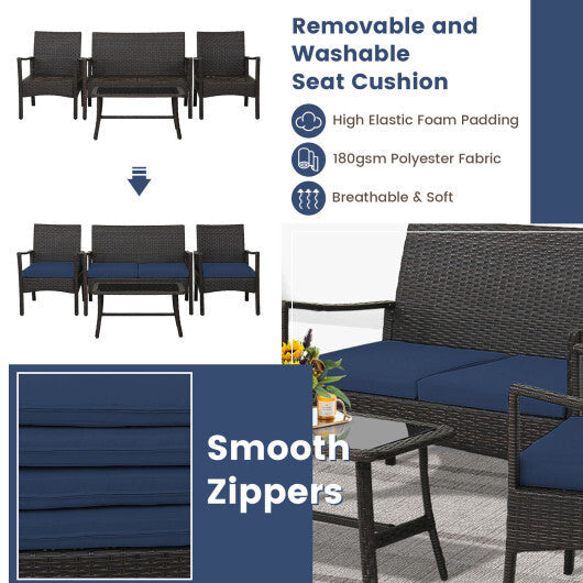 4 Pieces Rattan Conversation Set with Tempered Glass Coffee Table-Turquoise W2B