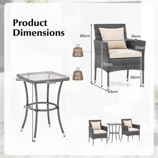3 Pieces Patio Furniture Set with Cushioned Patio Chairs and Tempered Glass Coffee Table-Black