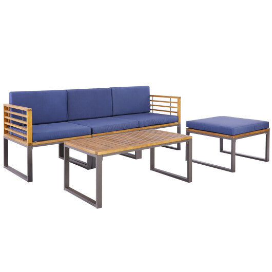 5-Piece Patio Acacia Wood Chair Set with Ottoman and Coffee Table-Navy W2B