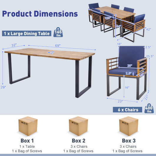 7 Pieces Patio Acacia Wood Dining Chair and Table Set for Backyard and Poolside-Navy W2B
