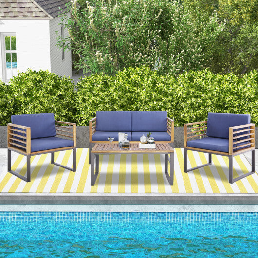 4 Piece Patio Acacia Wood Conversation Set with Soft Seat-Navy