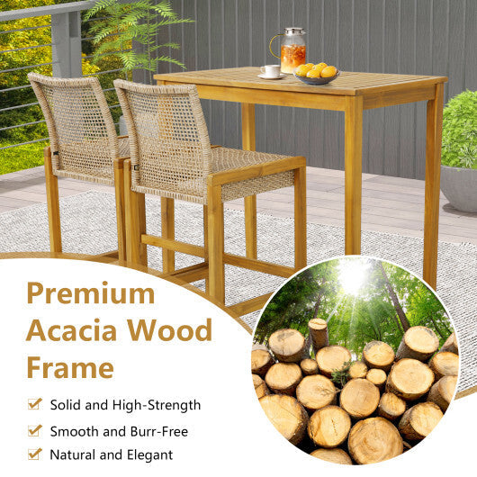 Set of 2 Rattan Patio Wood Barstools Dining Chairs with Backrest-Set of 2 W2B