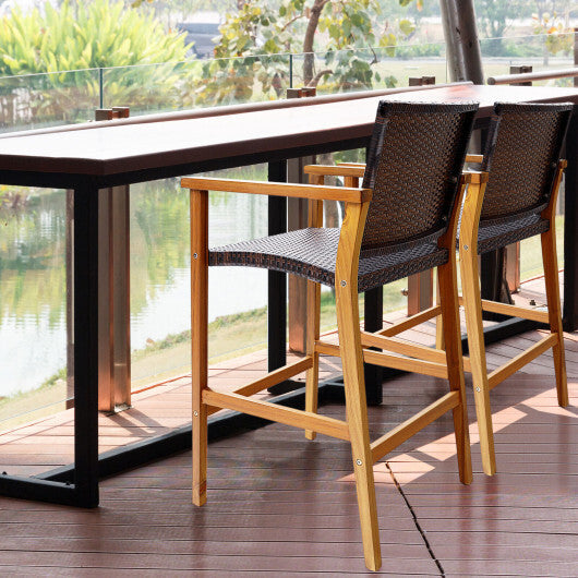 Set of 2 PE Wicker Patio Bar Chairs with Acacia Wood Armrests-Set of 2 W2B