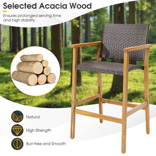 Set of 2 PE Wicker Patio Bar Chairs with Acacia Wood Armrests-Set of 2 W2B