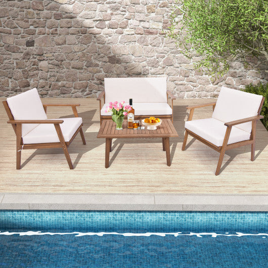 4 Piece Outdoor Acacia Wood Conversation Set with Soft Seat and Back Cushions-Gray