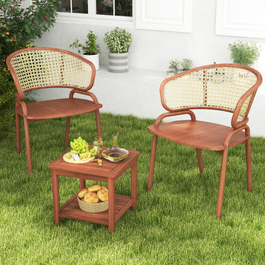 Set of 2 Double-Tier Acacia Wood Patio Side Table with Slatted Tabletop and Shelf W2B
