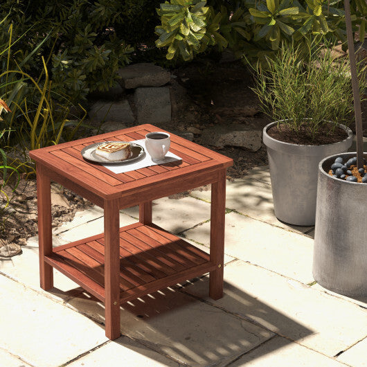 Double-Tier Acacia Wood Patio Side Table with Slatted Tabletop and Shelf W2B