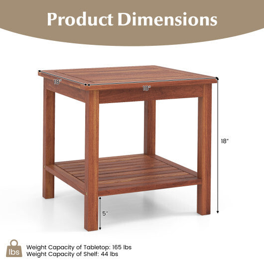 Double-Tier Acacia Wood Patio Side Table with Slatted Tabletop and Shelf W2B