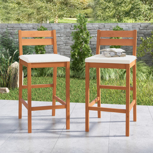 Set of 2 Outdoor Wood Barstools with Soft Seat Cushion-Off White W2B