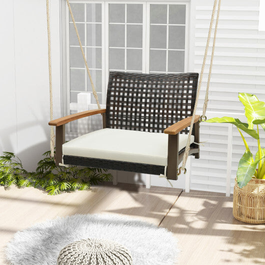 Single Rattan Porch Swing with Armrests Cushion and Hanging Ropes-White W2B