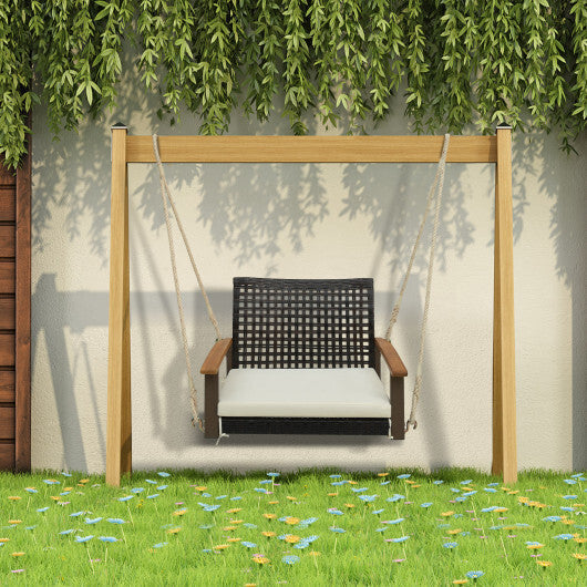 Single Rattan Porch Swing with Armrests Cushion and Hanging Ropes-White W2B