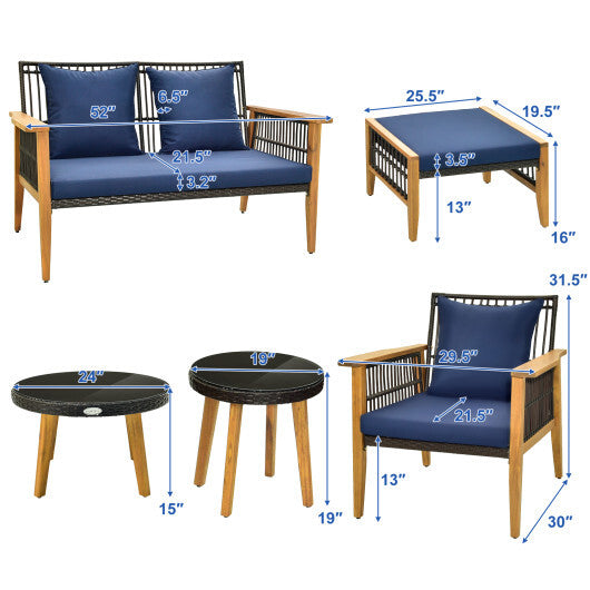 7 Piece Outdoor Conversation Set with Stable Acacia Wood Frame Cozy Seat & Back Cushions-Navy W2B