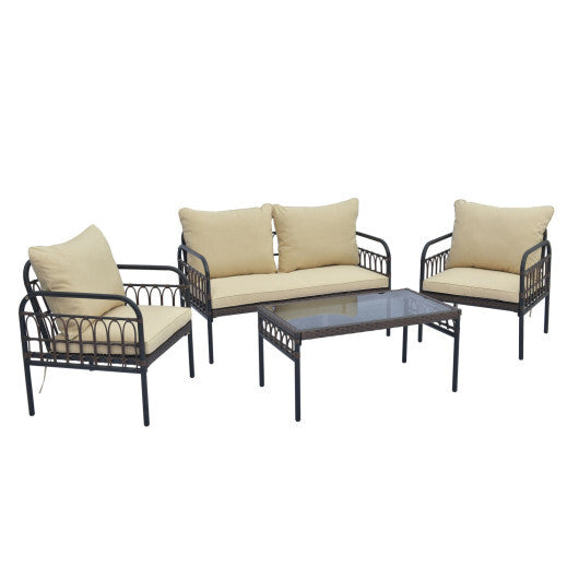 4 Pieces Outdoor Wicker Conversation Bistro Set with Soft Cushions and Tempered Glass Coffee Table-Beige