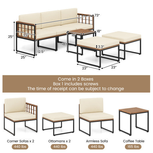 6 Pieces Acacia Wood Patio Furniture Set with Coffee Table and Ottomans-Beige W2B