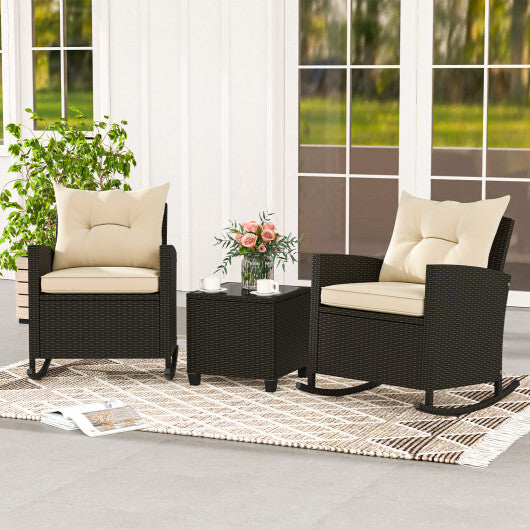 Patio Rattan Roker Chairs with Tempered Glass Table and Soft Cushions for Backyard Poolside Porch-Gray
