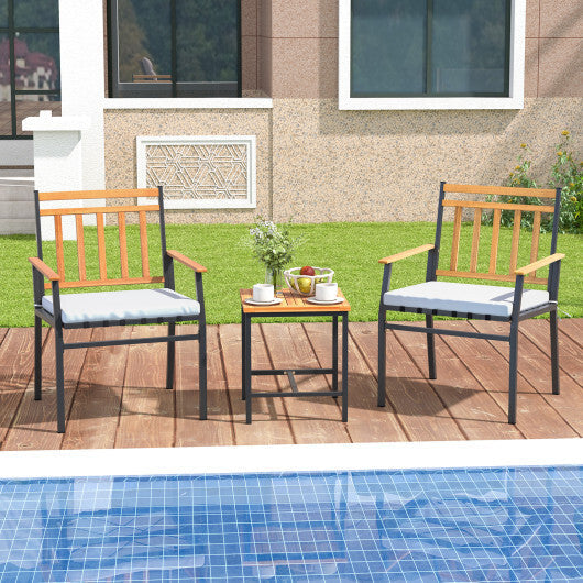 3 Pieces Outdoor Furniture Set Acacia Wood Patio Conversation Set with Cushions-White W2B