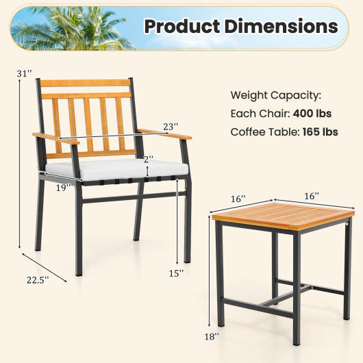3 Pieces Outdoor Furniture Set Acacia Wood Patio Conversation Set with Cushions-White W2B