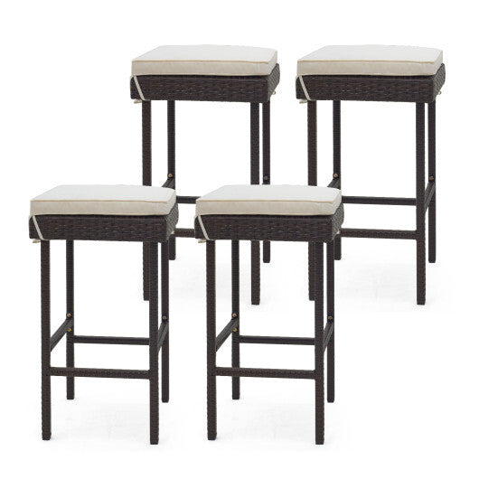 Patio Rattan Barstools Set of 2/4 with Footrest and Soft Cushions for Backyard Balcony-4 Pieces W2B