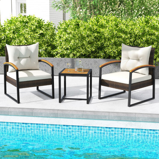 3 Piece Patio Conversation Set with Solid Acacia Wood Armrests and Tabletop-White W2B
