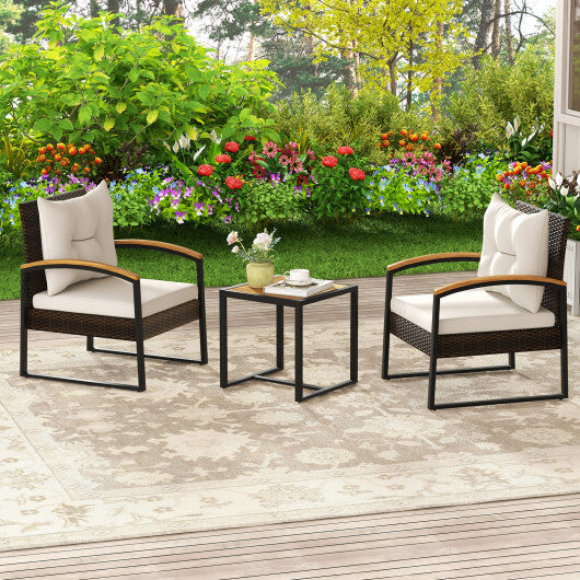 3 Piece Patio Conversation Set with Solid Acacia Wood Armrests and Tabletop-White W2B
