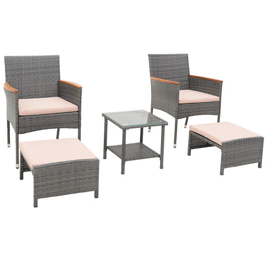 5 Pieces Patio Conversation Set with Soft Cushions and Ottomans-Beige W2B