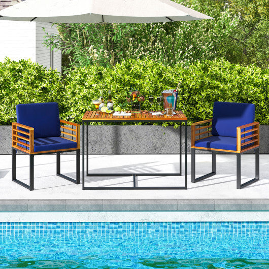 Acacia Wood Outdoor Dining Chairs Set of 2 with Soft Cushions-Navy W2B