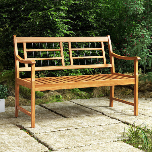 Patio Acacia Wood Bench with Curved Armrests Slatted Seat and Backrest W2B