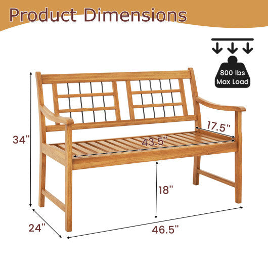 Patio Acacia Wood Bench with Curved Armrests Slatted Seat and Backrest W2B