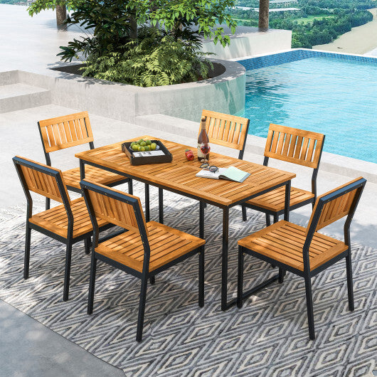 Acacia Wood Dining Table for 6 People with Slatted Tabletop and Umbrella Hole W2B