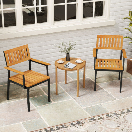 Patio Outdoor Dining Chair Set of 2 with Metal and Acacia Wood Frame W2B