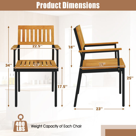 Patio Outdoor Dining Chair Set of 2 with Metal and Acacia Wood Frame W2B