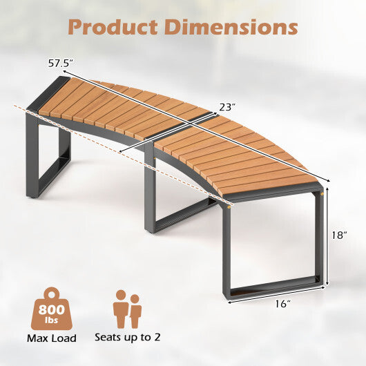 Patio Curved Bench with Slatted Seat and Metal Legs-1 Piece W2B
