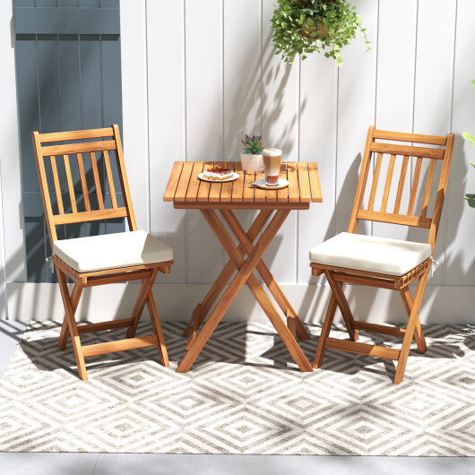 Outdoor Wood Bistro Set with Soft Seat Cushions and Table-White W2B