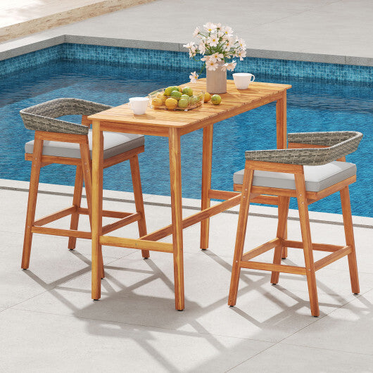 Acacia Wood Counter Height Table with Slatted Tabletop and Footrest Crossbar W2B