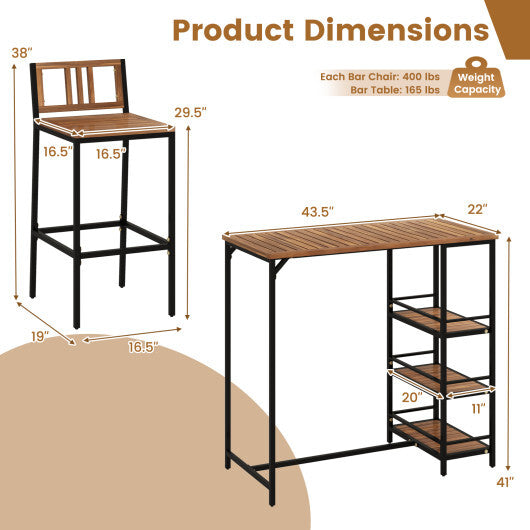 3 Pieces Outdoor Wood Bar Set with 3-Tier Storage Shelf and Metal Frame W2B