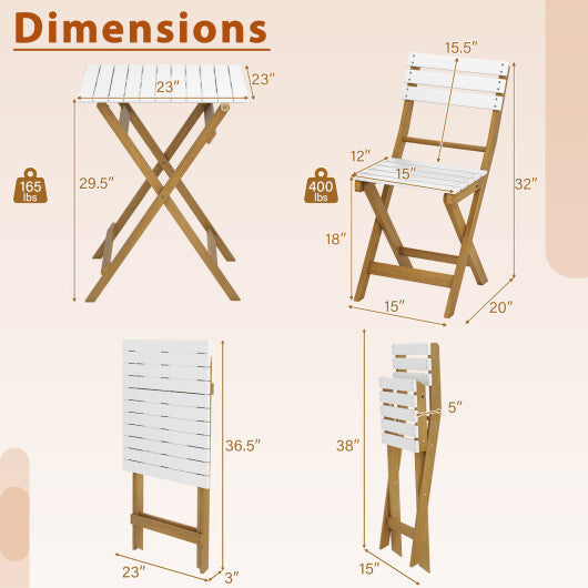 3 Piece Folding Patio Bistro Set with Foldable Design Acacia Wood Porch Chairs and Square Table W2B
