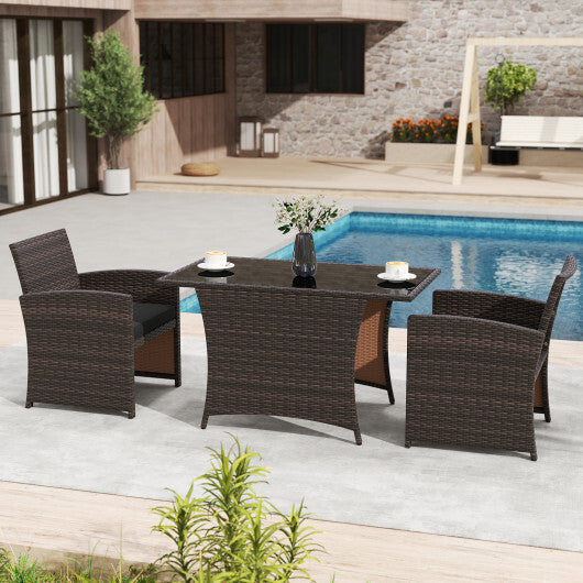 3 Piece Patio Wicker Dining Set with Rectangle Tempered Glass Dining Table-Brown