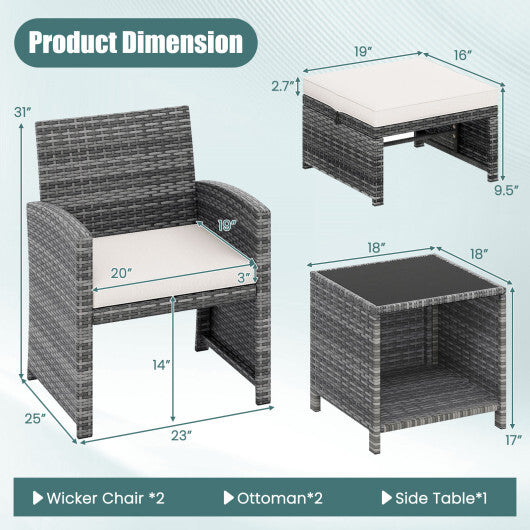 5 Pieces Patio Furniture Set PE Wicker Outdoor Lounge Chairs with 2 Ottomans-White
