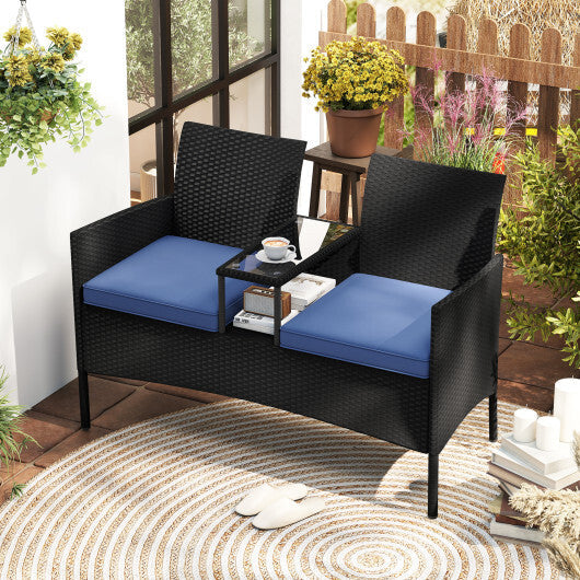 Patio Loveseat with Built-in Table for Backyard Porch-Navy W2B