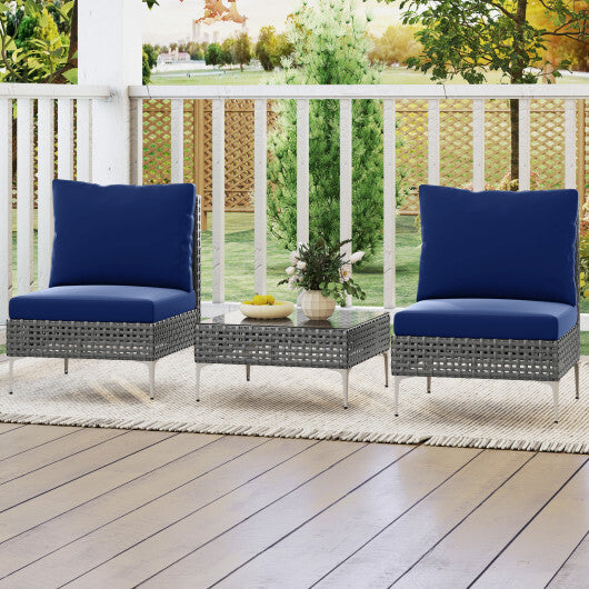 3 Pieces PE Rattan Conversation Chairs with Tempered Glass Coffee Table for Garden Porch-Navy W2B