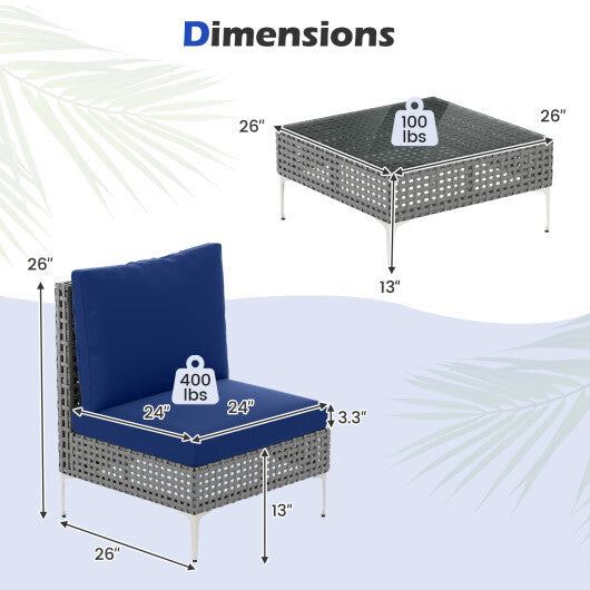 3 Pieces PE Rattan Conversation Chairs with Tempered Glass Coffee Table for Garden Porch-Navy W2B
