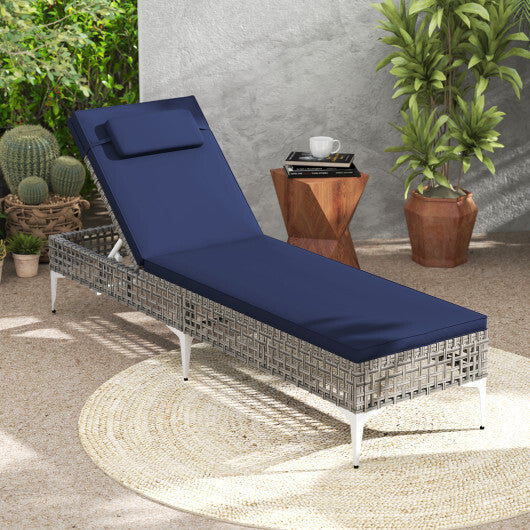 Patio Chaise Lounge Chair with 6-Level Adjustable Backrest and Headrest for Poolside-Navy W2B