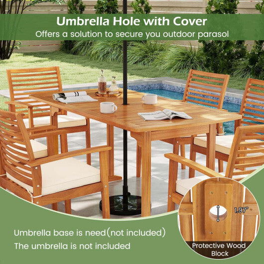 63 inch Outdoor Dining Table with Umbrella Hole and Slatted Tabletop W2B