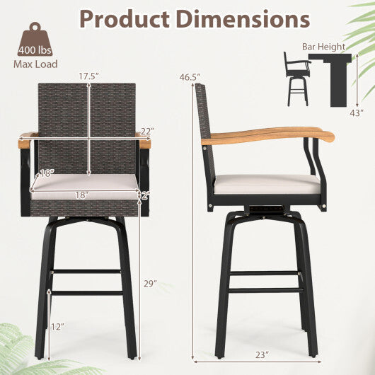 Outdoor 360 Swivel Bar Stool with Cushion and Acacia Wood Armrests-F-Navy W2B