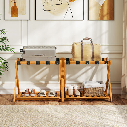 Set of 2 Folding Luggage Racks with 5 Nylon Straps and Slatted Storage Shelf W2B