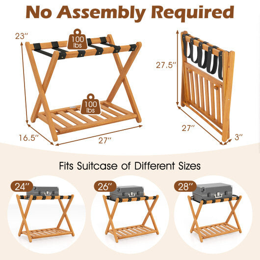 Set of 2 Folding Luggage Racks with 5 Nylon Straps and Slatted Storage Shelf W2B