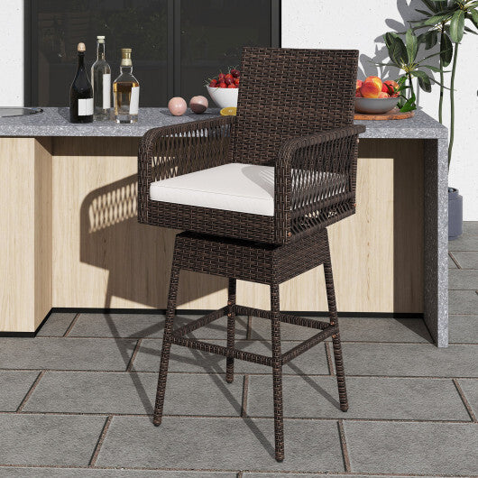 29 Inches Patio 360? Swivel Bar Stool with Cross-Woven Armrests and Seat Cushion-White W2B