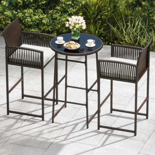 3 Piece Patio Bar Set Outdoor Wicker Bar Height Table and Armchairs-White W2B
